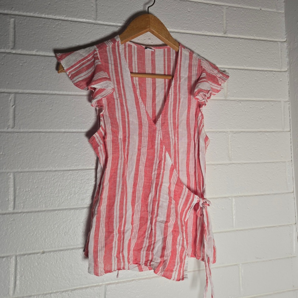 Old Navy Striped Wrap Top Medium Linen Blend Cabana Ruffle Resort‎ Beachy Boho